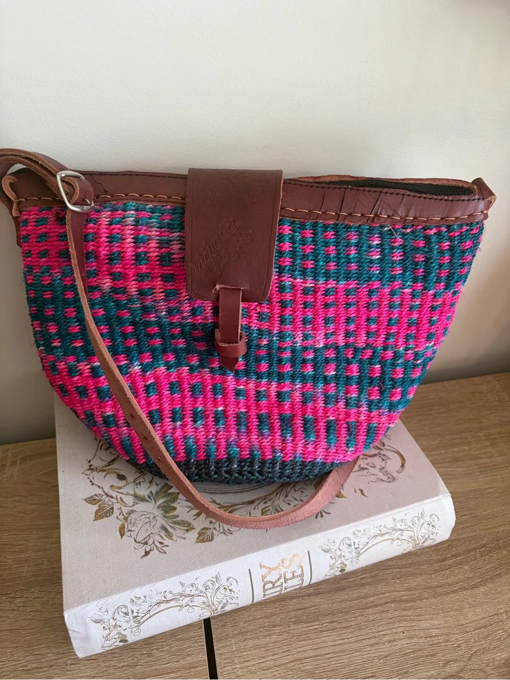 Woven Shoulder Bag in Fuchsia and Teal with Brown Leather Trim